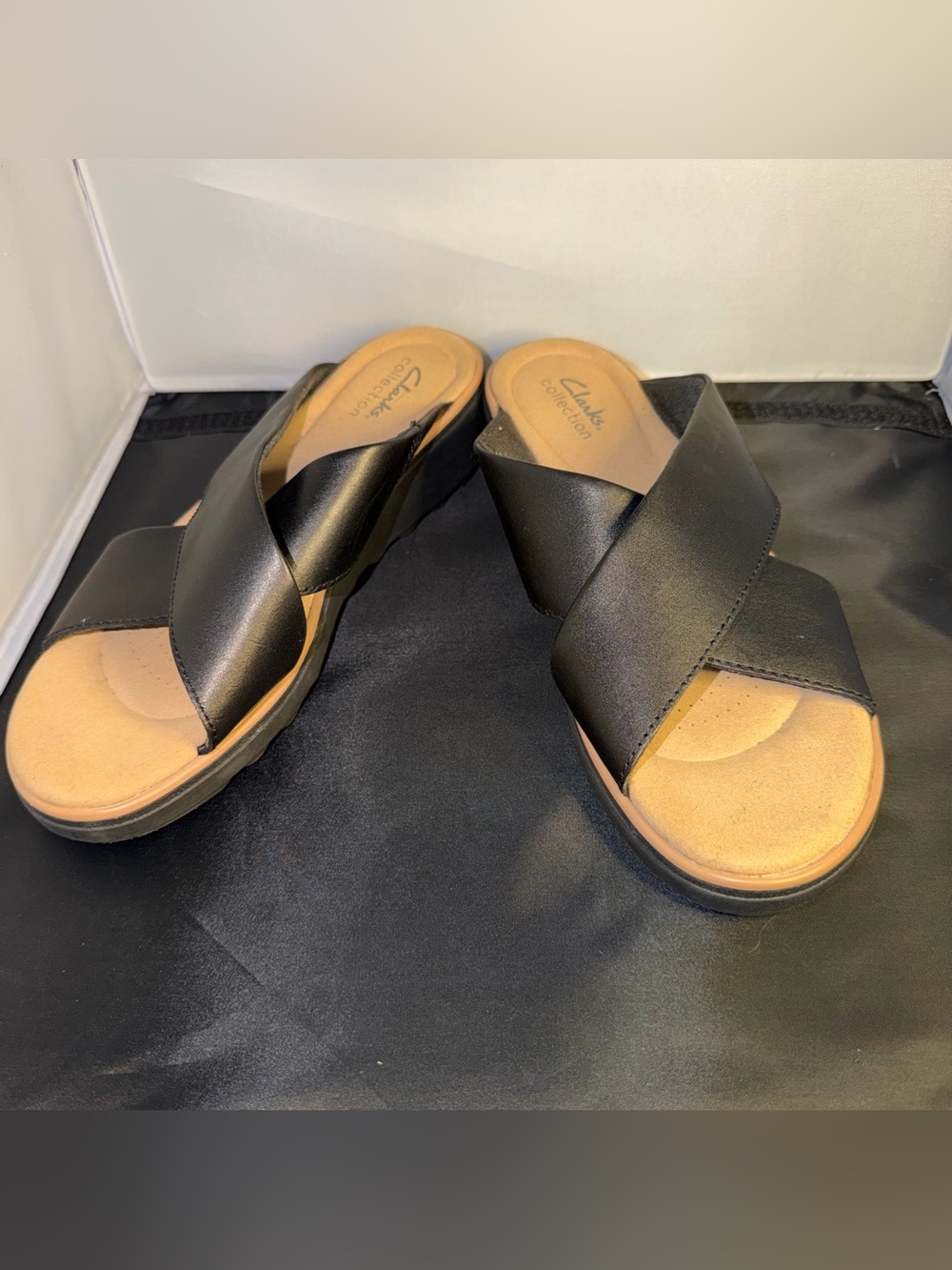 Clarks Black Crisscross Slide Sandals for Women
